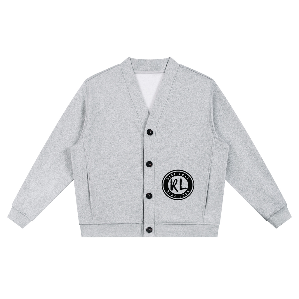 Rise Luxe Unisex Heavyweight Sweat Cardigan – Flower Gray Cotton Blend V-Neck, S–2XL