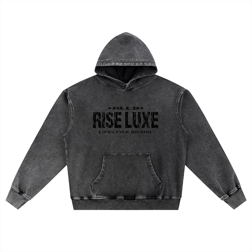 Rise Luxe Snow Wash Oversized Hoodie – Black | Distressed Script | S–XL