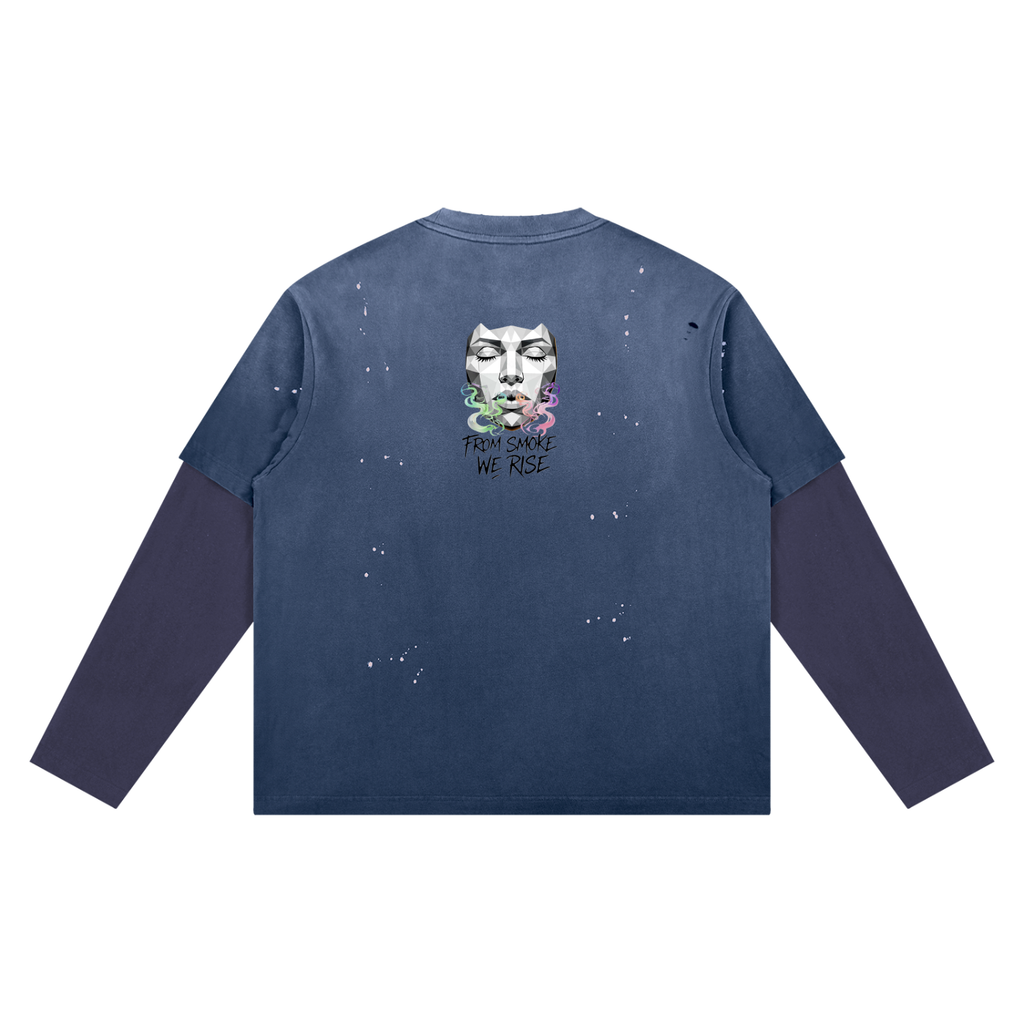 Rise Luxe From Smoke Long Sleeve Unisex Vintage Wash Distressed Layer T-Shirt (S-2XL)