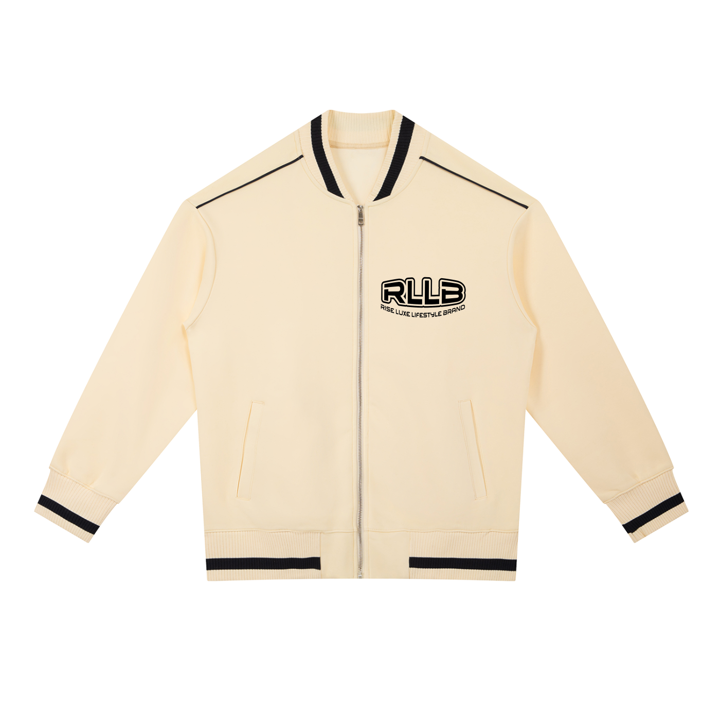 Rise Luxe Unisex Contrast Piping Zip Bomber Jacket – Apricot Cotton Blend Stand Collar, XS–2XL