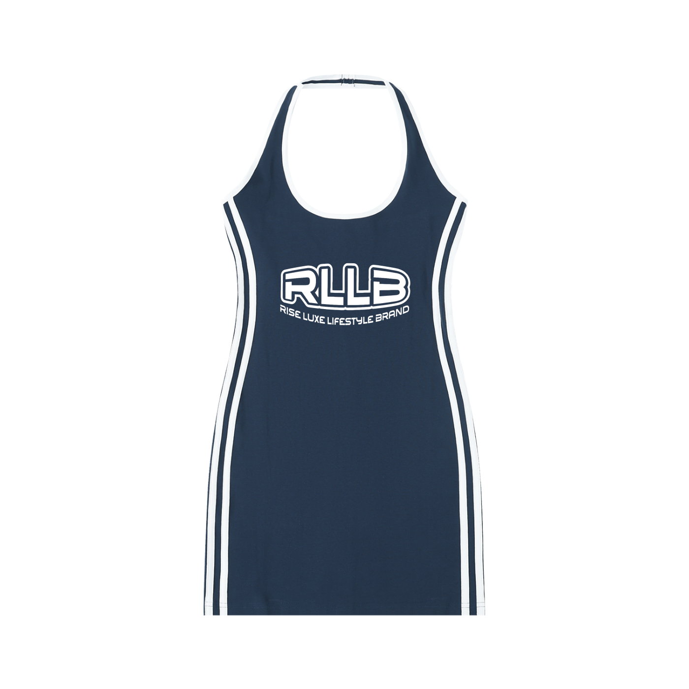 Rise Luxe Women's Bodycon Halter Dress – Navy Blue & White Cotton Spandex, S–XL