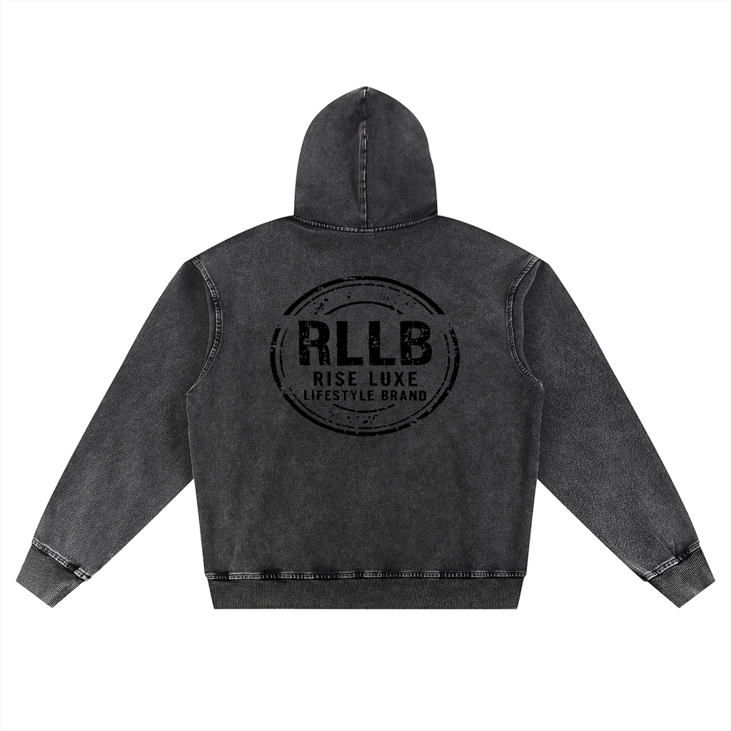 Rise Luxe Snow Wash Oversized Hoodie – Black | Distressed Stamp | S–XL