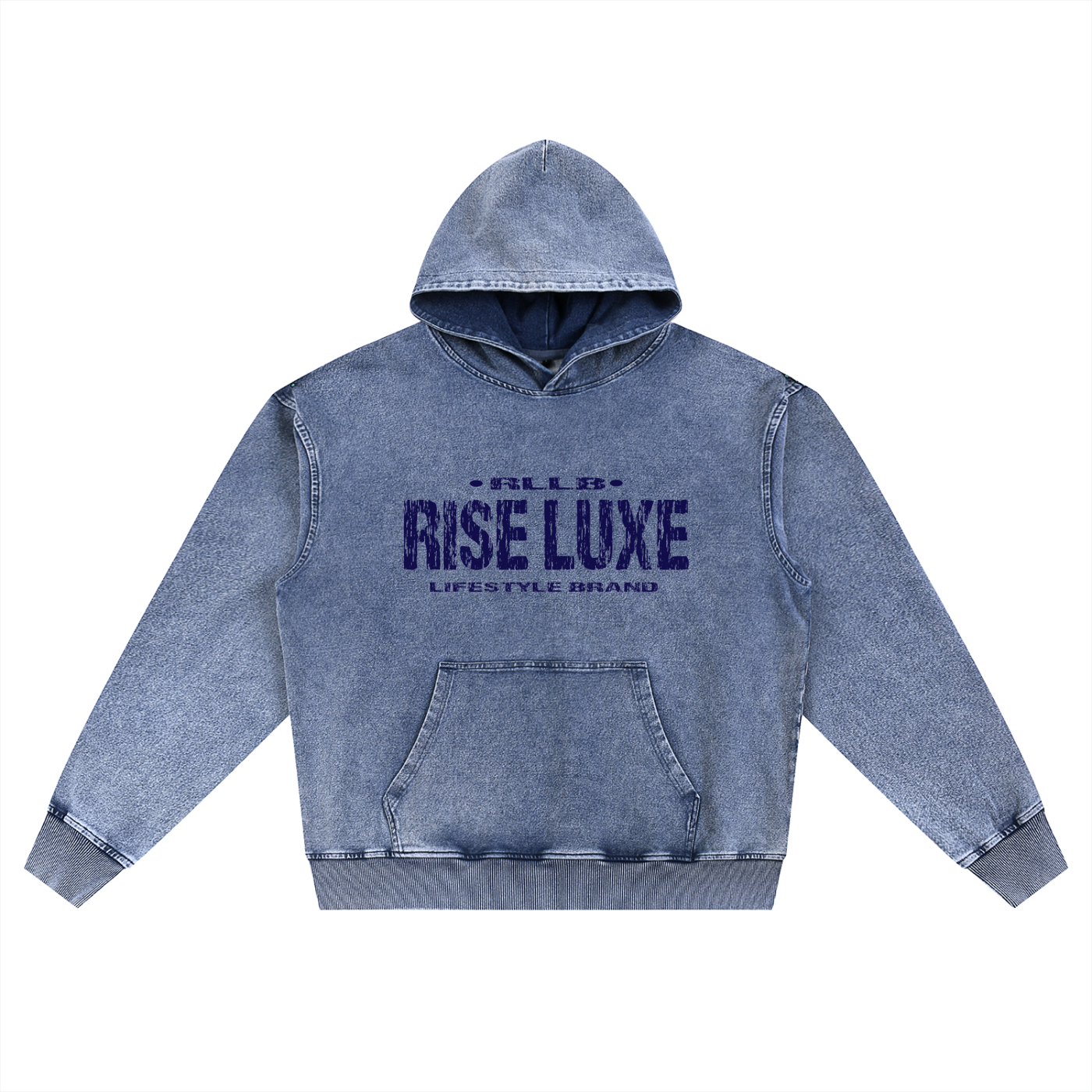 Rise Luxe Snow Wash Oversized Hoodie – Light Blue | Distressed Script | S–XL
