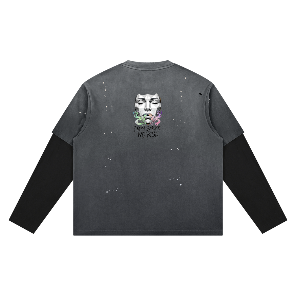Rise Luxe From Smoke Long Sleeve Unisex Vintage Wash Distressed Layer T-Shirt (S-2XL)