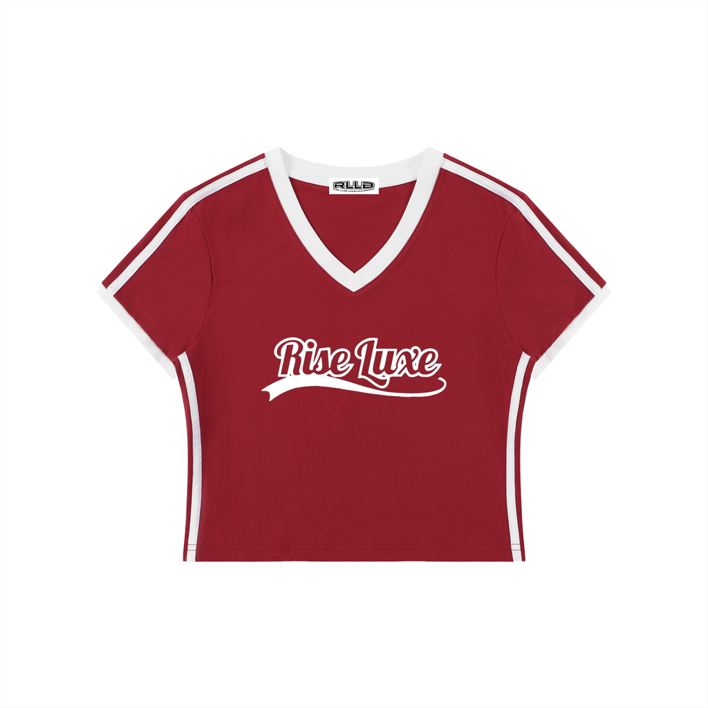 Rise Luxe Signature Women's Retro Binding V-Neck Crop T-Shirt (S-XL)