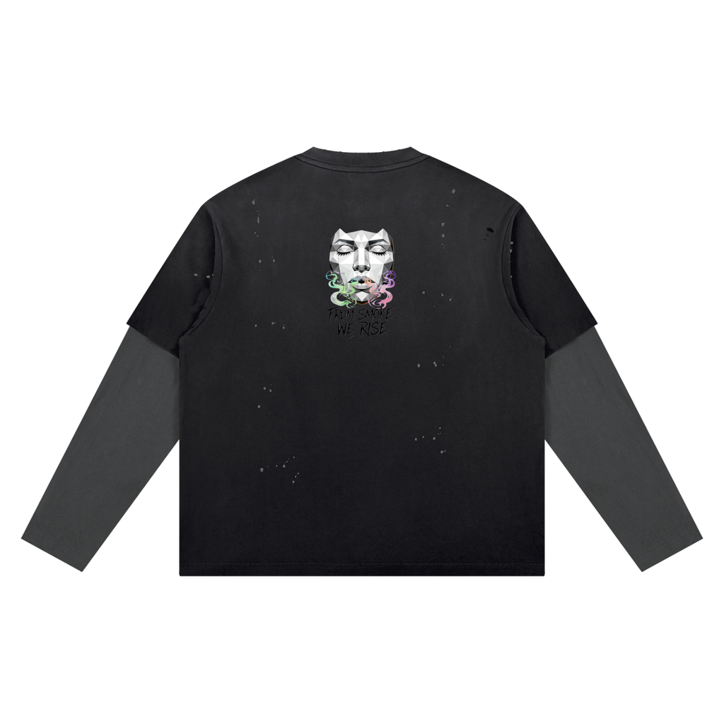 Rise Luxe From Smoke Long Sleeve Unisex Vintage Wash Distressed Layer T-Shirt (S-2XL)