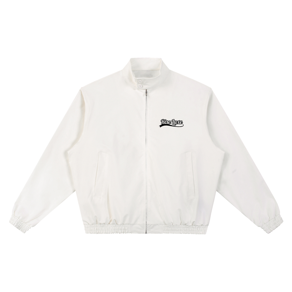 Rise Luxe Unisex Stand Collar Bomber Jacket – Beige Cotton Blend Zip Pocket, S–2XL