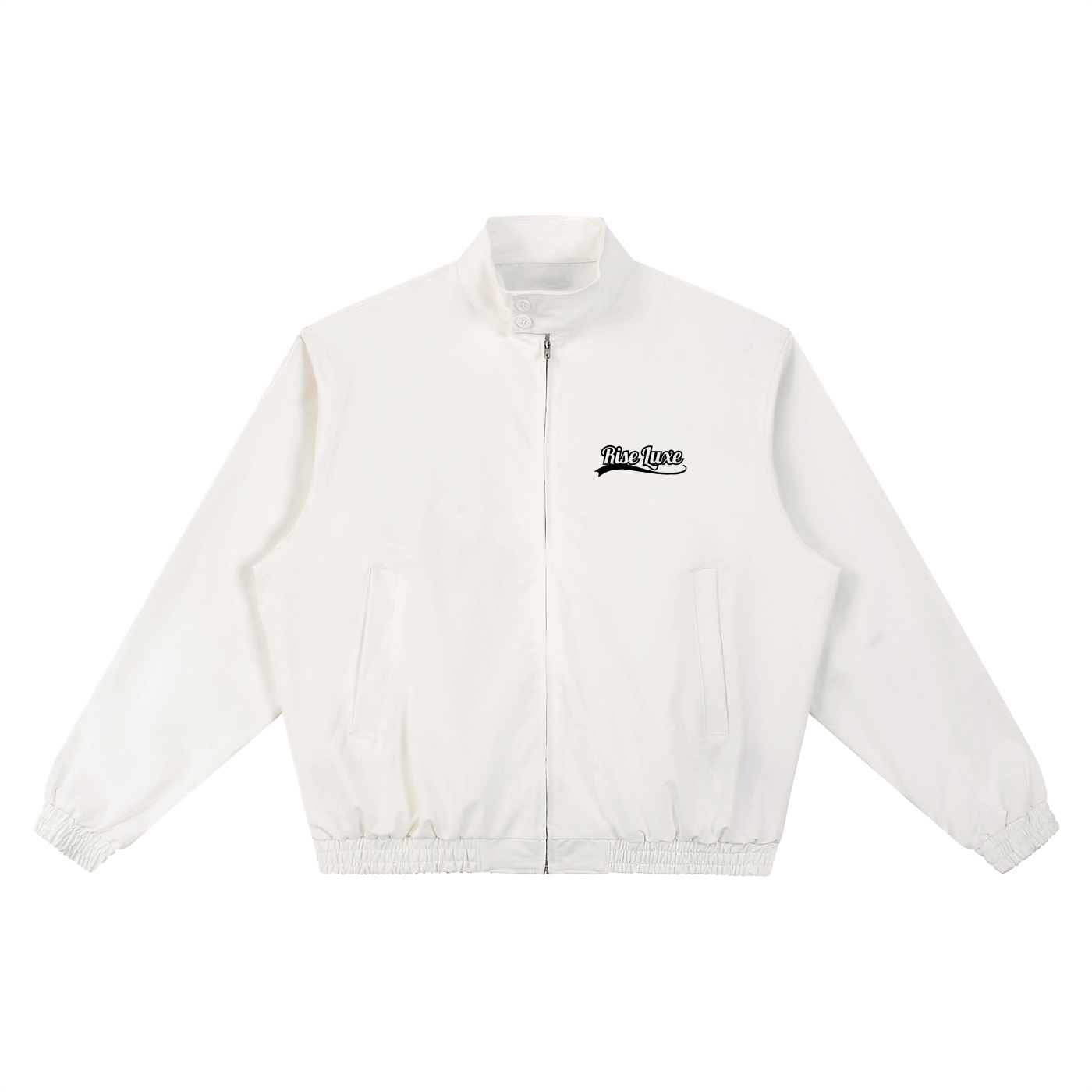 Rise Luxe Unisex Stand Collar Bomber Jacket – Beige Cotton Blend Zip Pocket, S–2XL