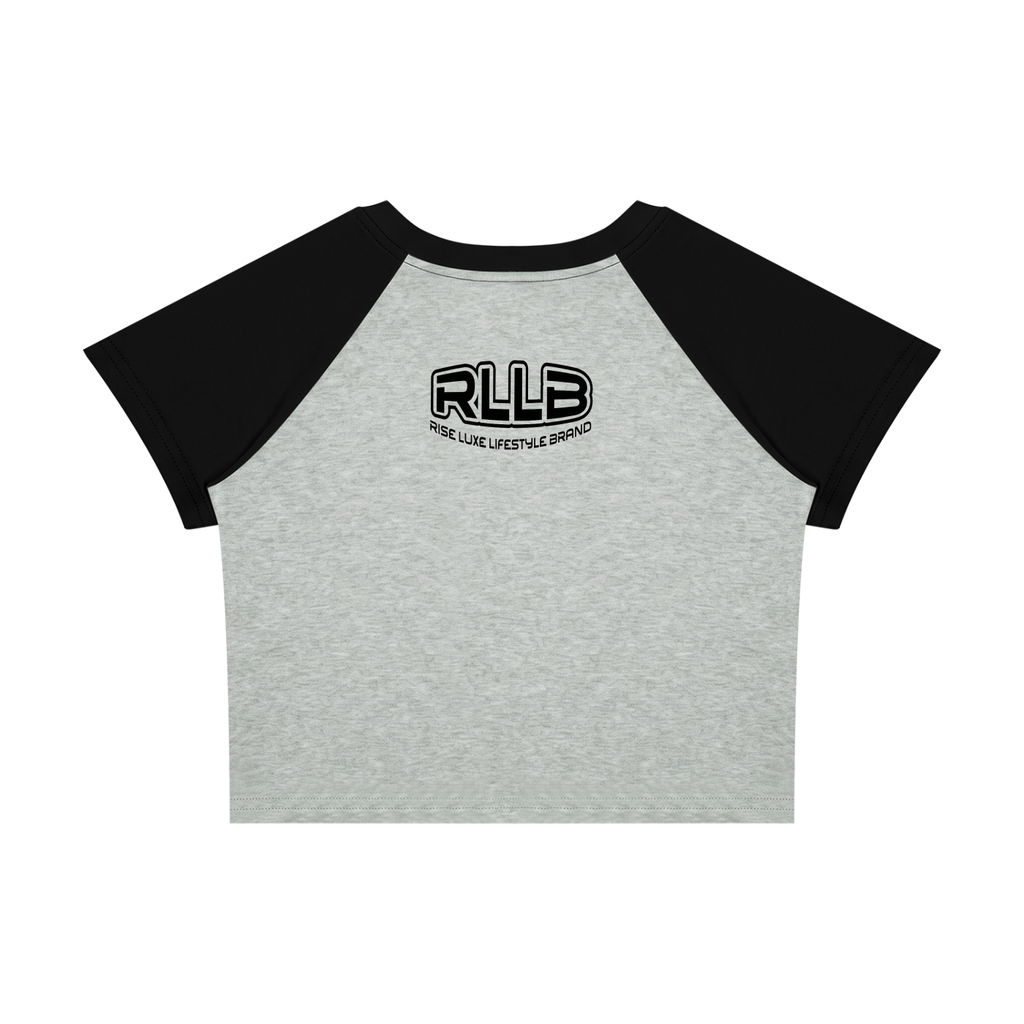 Rise Luxe Women's Color Block Raglan Crop T-Shirt – Flower Gray & Black Cotton Spandex, S–XL