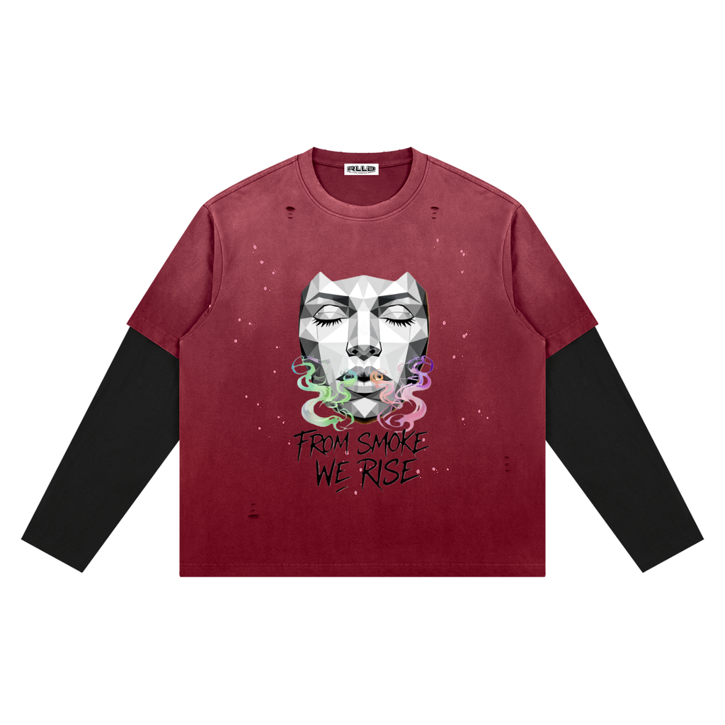 Rise Luxe From Smoke Long Sleeve Unisex Vintage Wash Distressed Layer T-Shirt (S-2XL)