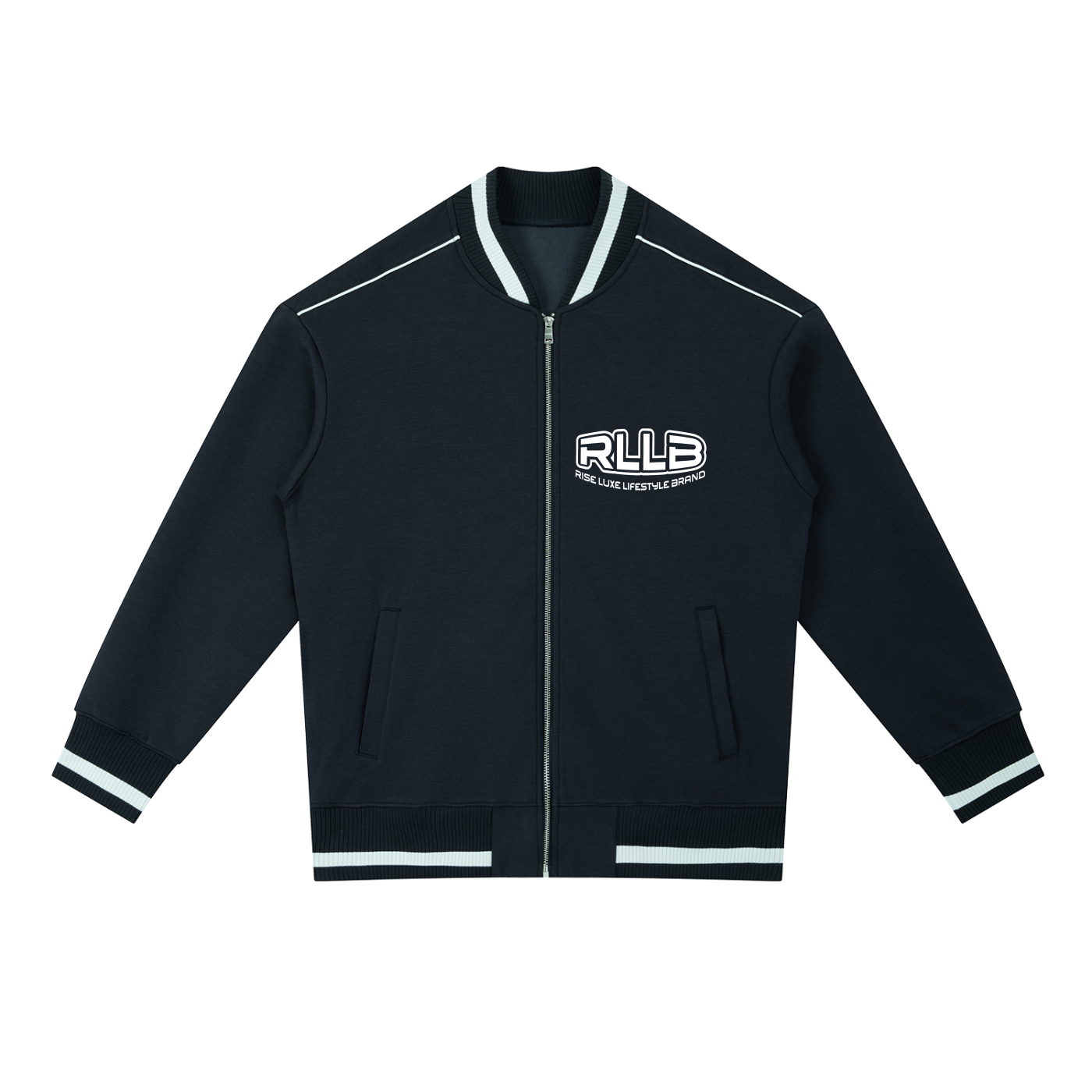 Rise Luxe Unisex Contrast Piping Zip Bomber Jacket – Navy Blue Cotton Blend Stand Collar, XS–2XL