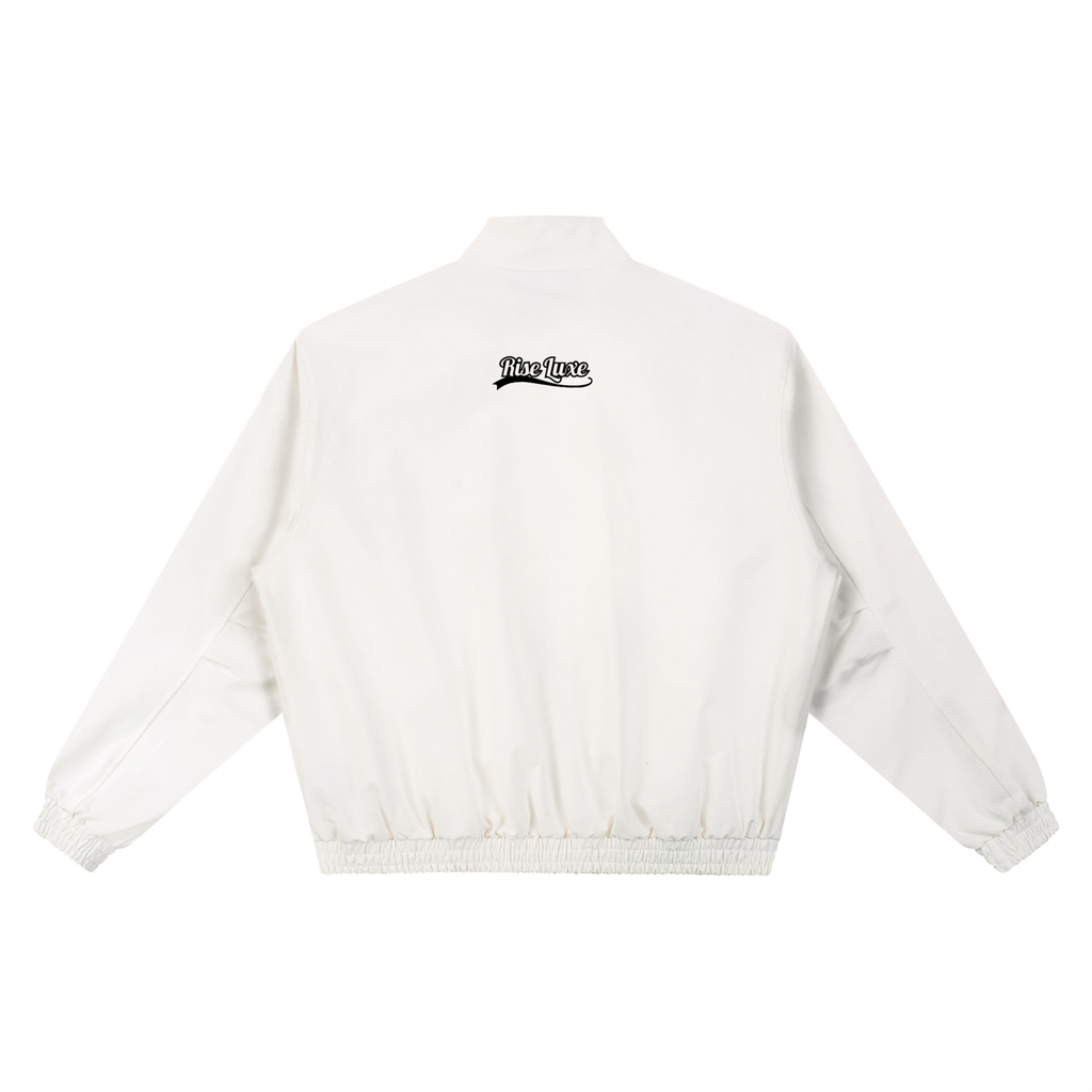 Rise Luxe Unisex Stand Collar Bomber Jacket – Beige Cotton Blend Zip Pocket, S–2XL