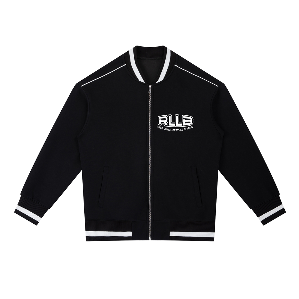 Rise Luxe Unisex Contrast Piping Zip Bomber Jacket – Black Cotton Blend Stand Collar, XS–2XL