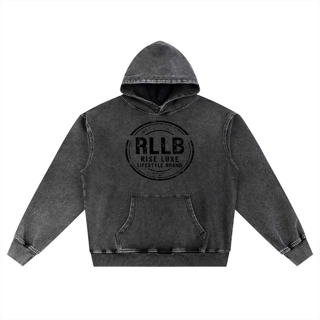 Rise Luxe Snow Wash Oversized Hoodie – Black | Distressed Stamp | S–XL