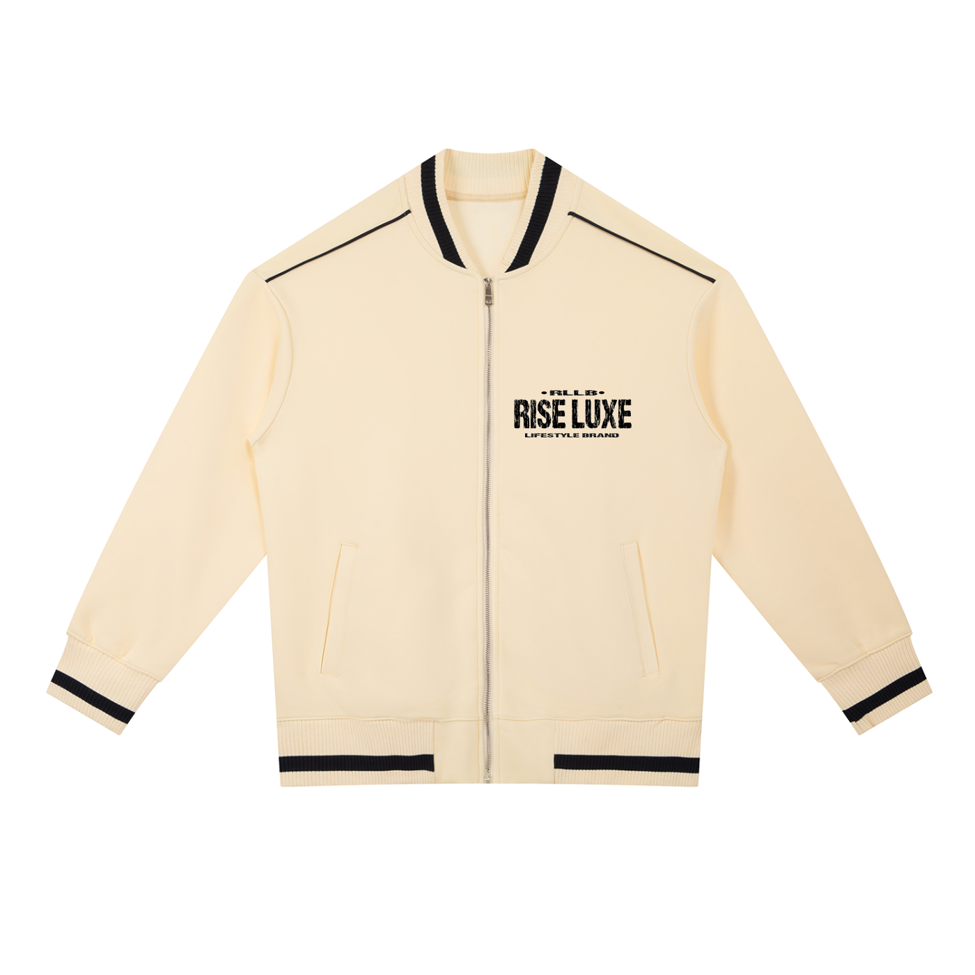 Rise Luxe Scripted Contrast Piping Zip Bomber Jacket (XS-2XL)