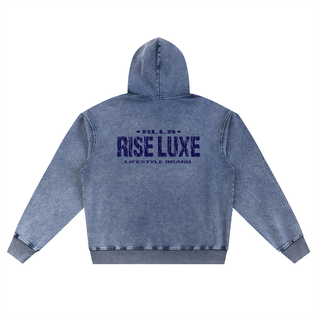 Rise Luxe Snow Wash Oversized Hoodie – Light Blue | Distressed Script | S–XL