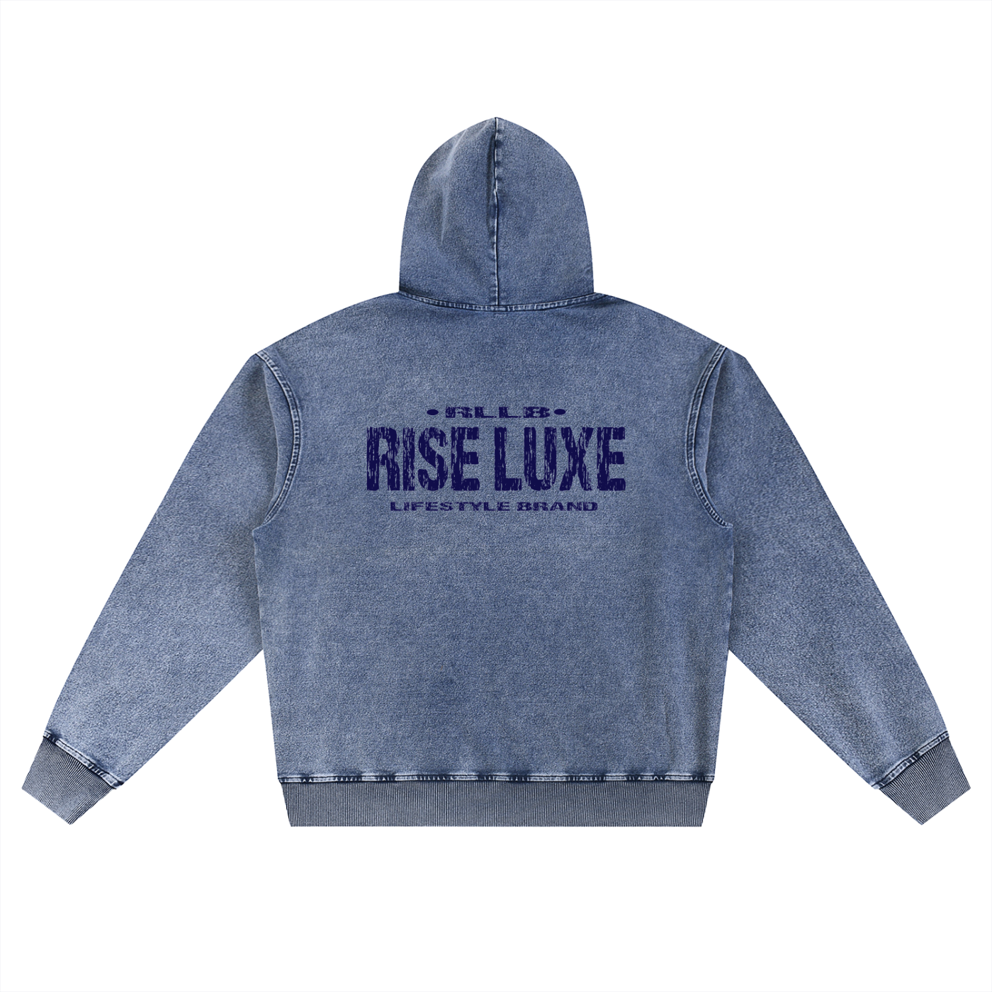 Rise Luxe Snow Wash Oversized Hoodie – Light Blue | Distressed Script | S–XL