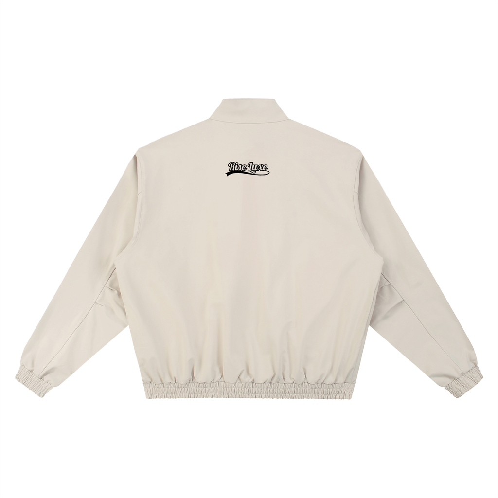 Rise Luxe Unisex Stand Collar Bomber Jacket – Gray Camel Cotton Blend Zip Pocket, S–2XL