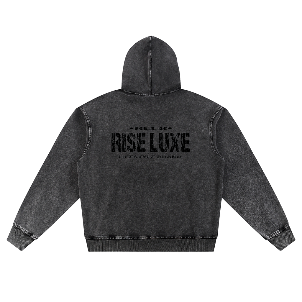 Rise Luxe Snow Wash Oversized Hoodie – Black | Distressed Script | S–XL