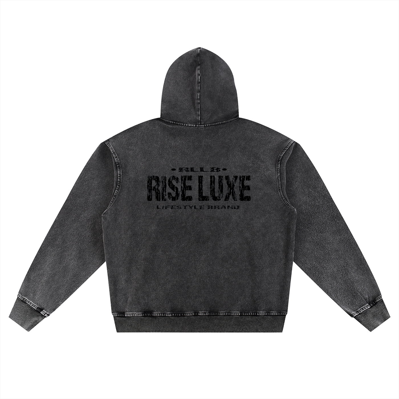 Rise Luxe Snow Wash Oversized Hoodie – Black | Distressed Script | S–XL